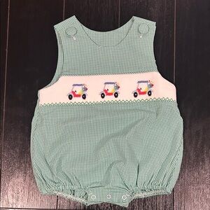 Charming Green Gingham Kids Romper with Car Embroidery
